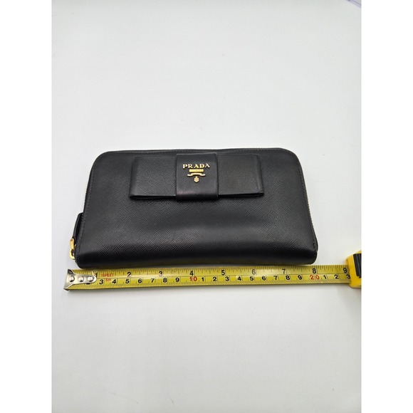 Prada Black Saffiano Leather Zip Around Continental Bow Wallet